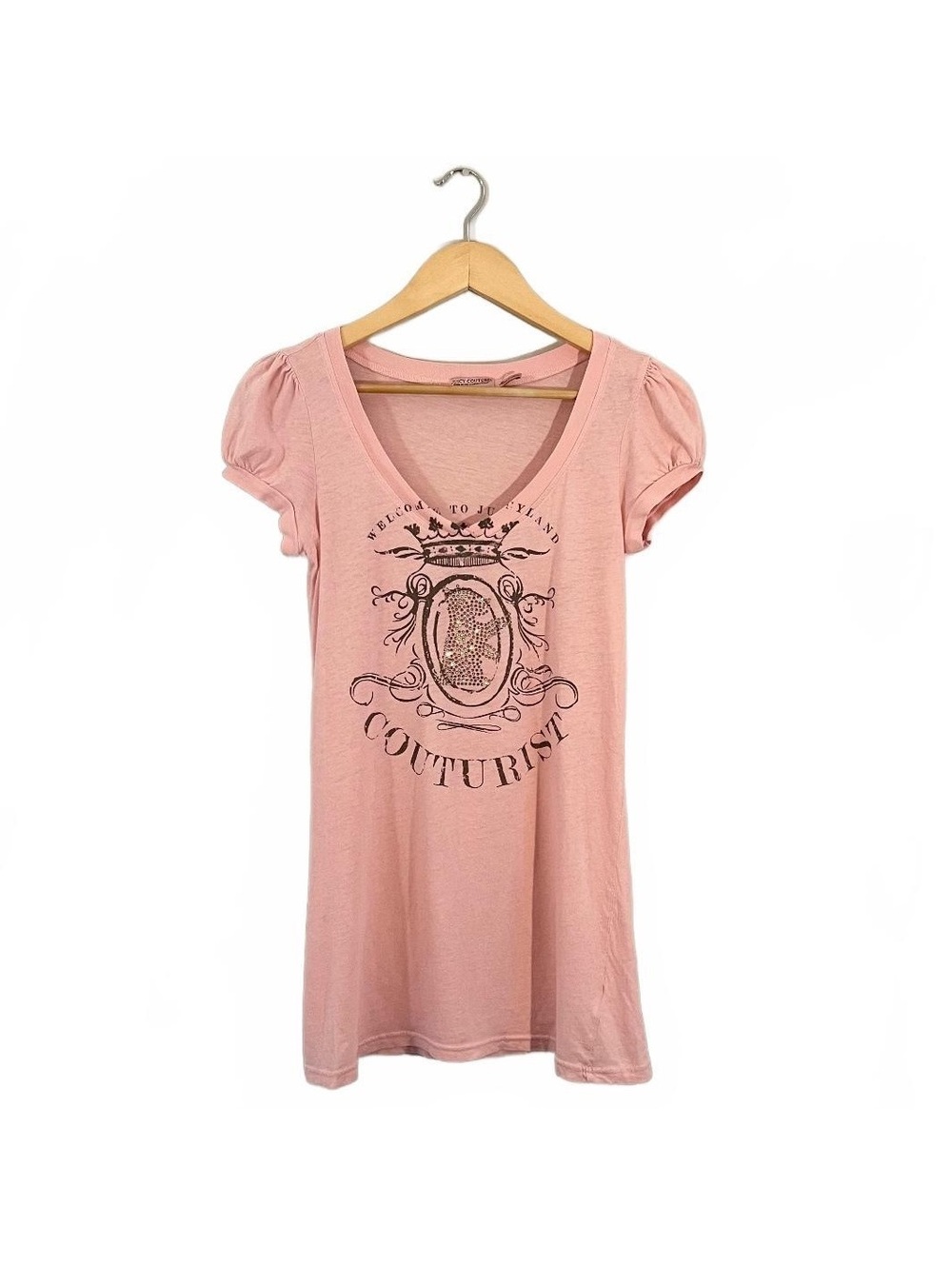Y2K Juicy Couture Pink Bling Embellished Couturist Graphic Puff Sleeve Tee